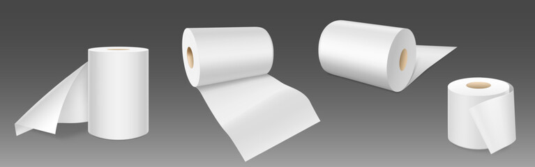 White empty toilet paper rolls stand and lay. Realistic vector illustration set of template for wc or kitchen towel tape on tube for hygiene and care. Blank soft scroll loo bathroom product mockup.
