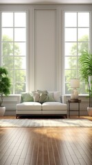 Naklejka premium Bright living room with white sofa and green plants