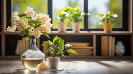 A beautiful still life of a vase of flowers and a potted plant sitting on a wooden table in front of a window.