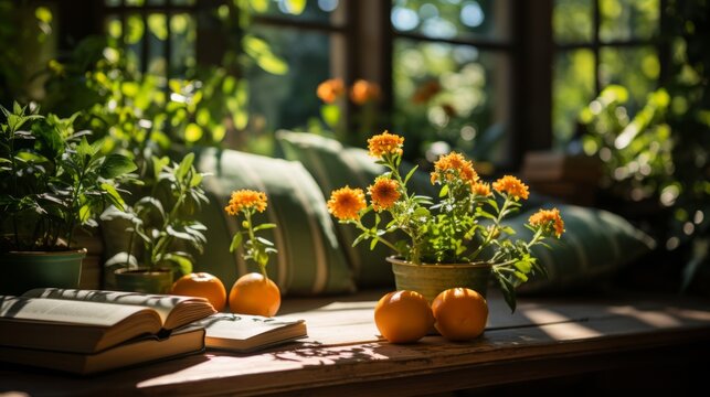 Orange flowers and open book on the table