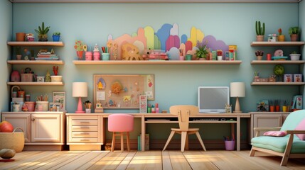 A colorful and organized home office space with a desk, computer, shelves, and a comfortable chair.