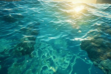 Fototapeta na wymiar Underwater scene with sunlight shining through the water surface
