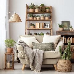 A cozy living room with a comfortable couch, a shelf full of plants, and a warm, inviting atmosphere