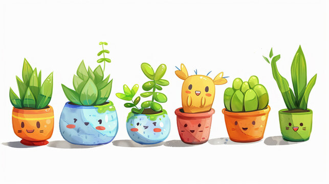 Naklejki Pot plant, cute and artistic illustration. Incorporating adorable plant illustrations into dcor, adding charm and sweetness. Elevate spaces with charming illustrations.