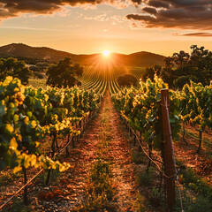 Lush vineyard rows at sunset the promise of harvest cast in golden light - obrazy, fototapety, plakaty