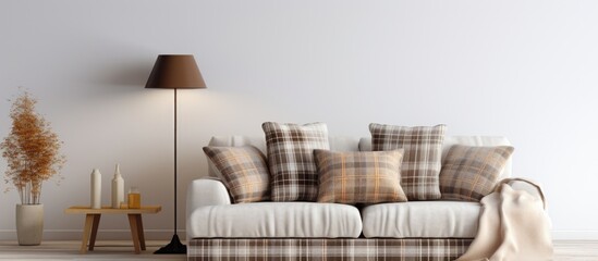 Interior mock-up with fabric sofa, plaid, and pillows against a white wall background.