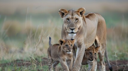 Obraz premium A courageous lioness protecting her cubs. 