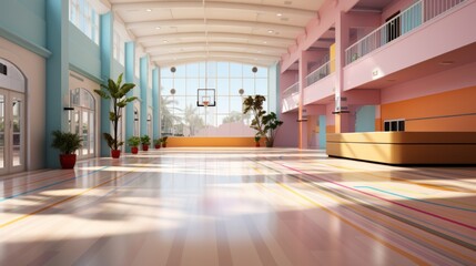 An empty, brightly colored gymnasium with a basketball hoop and a balcony