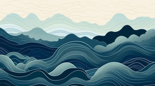 Hand-drawing abstract Japanese wave background with line wave pattern. Japanese ancient style. Mountain landscape and ocean object in oriental style, blue, indigo and green tone