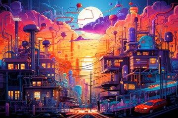 A surreal illustration of a city with a large moon in the background
