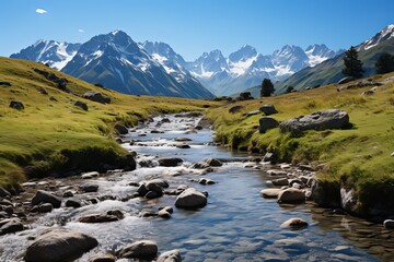 Scenic mountain river landscape with snow capped mountain peaks in the distance