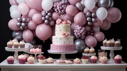 A table full of pink and white cupcakes and a large pink and white cake with pink and white balloons in the background