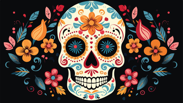 Day of the Dead human skull in flowers Black mexican