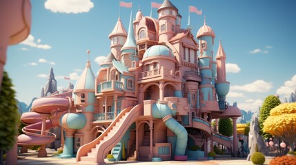 A whimsical and colorful 3D rendering of a pink and blue castle with slides and other playground equipment