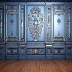 Blue and silver wall paneling with silver decorative elements