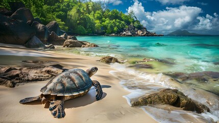A turtle from the Seychelles is located on the shore of the turquoise ocean - obrazy, fototapety, plakaty