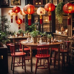red chinese round table and chairs in a restaurant with hanging lanterns