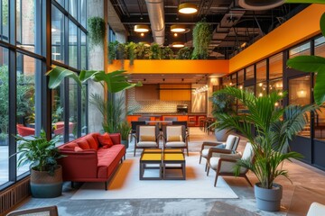 A modern coworking space, characterized by open-plan workstations
