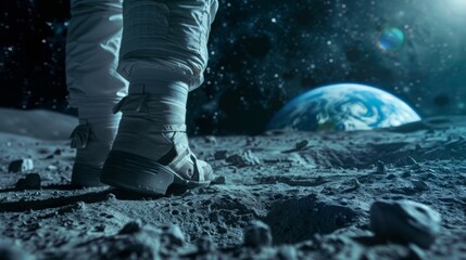 Close up foot astronaut stands upon the moon, gazing upon the Earth