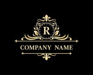 Elegant monogram design with letter R. Exclusive gold logo on a dark background for a symbol of business, restaurant, boutique, hotel, jewelry, invitations, menus, labels, fashion.