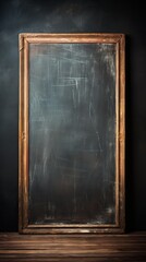 Vintage blackboard with wooden frame on wooden floor and dark background