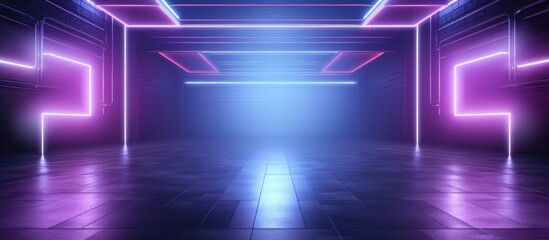 Fototapeta premium Empty room with spotlights and neon lights, abstract backdrop with glowing neon