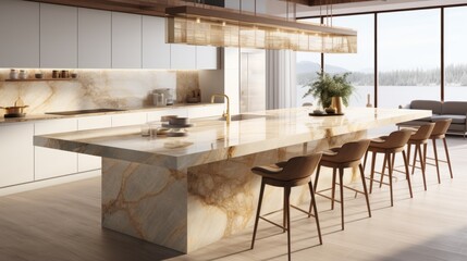 Modern kitchen island with marble top and wood chairs