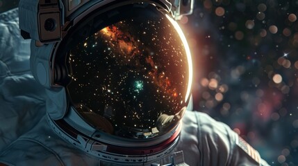 Astronaut in space suit with galaxy reflection in helmet glass. 