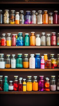 An arrangement of colorful bottles on wooden shelves in a retail display