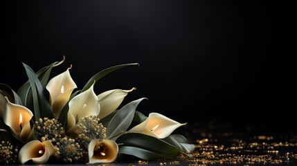 Elegant white calla lilies and green leaves with burning candles on a black background with gold glitter