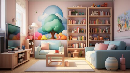 A cozy living room with a large bookshelf and a pink wall