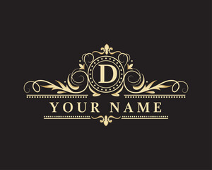 Elegant monogram design with letter D. Exclusive gold logo on a dark background for a symbol of business, restaurant, boutique, hotel, jewelry, invitations, menus, labels, fashion.
