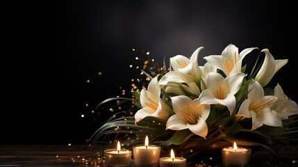 A beautiful bouquet of white lilies with lit candles on a dark background