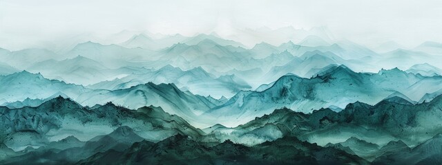 diffuse gradients,Chinese landscape,mountain,wet ink,green and blue,minimalist,chinese brush painting - obrazy, fototapety, plakaty