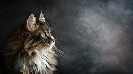 Adorable norwegian forest cat on dark background, space for text. Portrait of a norwegian forest cat. Cute cat. Digital art 