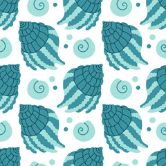Fototapeta premium Sea shells seamless pattern. Trendy pattern of seashells for wrapping paper, wallpaper, stickers, notebook cover.