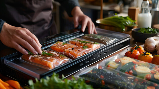 A person operating a vacuum sealer to preserve the freshness of foods and ingredients, minimizing waste and promoting organization. operating a vacuum sealer to preserve, Generative Ai.