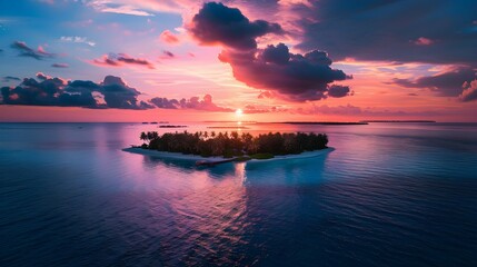 Aerial view of a beautiful paradise island in the Maldives, Indian Ocean, during a colorful sunset - obrazy, fototapety, plakaty
