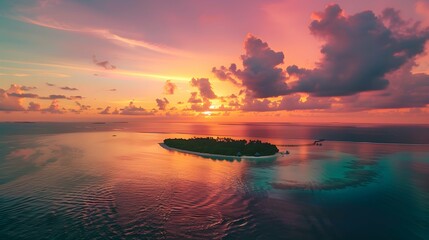 Aerial view of a beautiful paradise island in the Maldives, Indian Ocean, during a colorful sunset