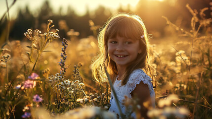 A little girl playing joyfully in a sunlit field, her laughter echoing amidst the gentle breeze as she runs through tall grass and wildflowers.