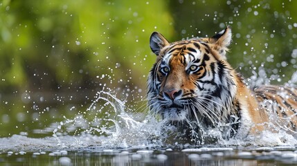 Fototapeta na wymiar Amur tiger playing in the water, Siberia. Dangerous animal, tajga, Russia. Animal in green forest stream. Siberian tiger splashing water. 