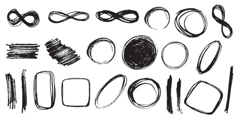 Set of black grunge ink brush strokes, lines, circles, spirals. Hand-drawn Dirty artistic design elements, frames. Vector illustration isolated on white background.