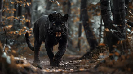 Poster Angry black panther roaring and running in the forest.Front view © PSCL RDL
