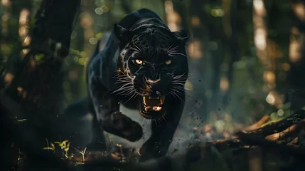 Foto auf Leinwand Angry black panther roaring and running in the forest.Front view © PSCL RDL