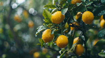 fresh lemon on branch with dew drops close view 