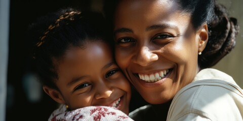 Naklejka premium Woman and child are smiling at camera