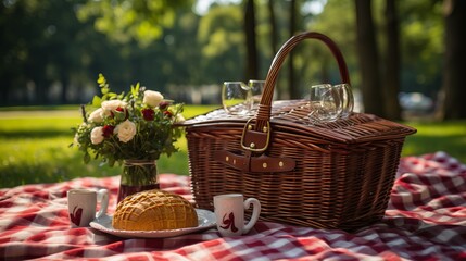 Still life of a picnic with a picnic basket, flowers, and bread