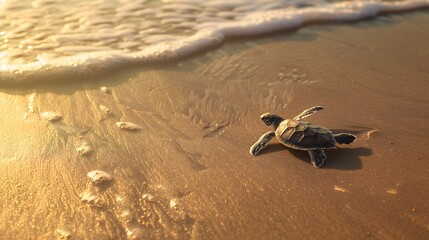 baby turtle after hatch crawling to the beach