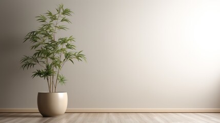 A potted plant sits in an empty room with a blank wall behind it.