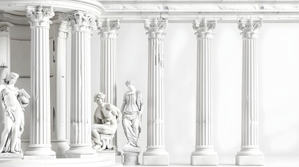 Background for product presentation. Antique columns and statues on white background